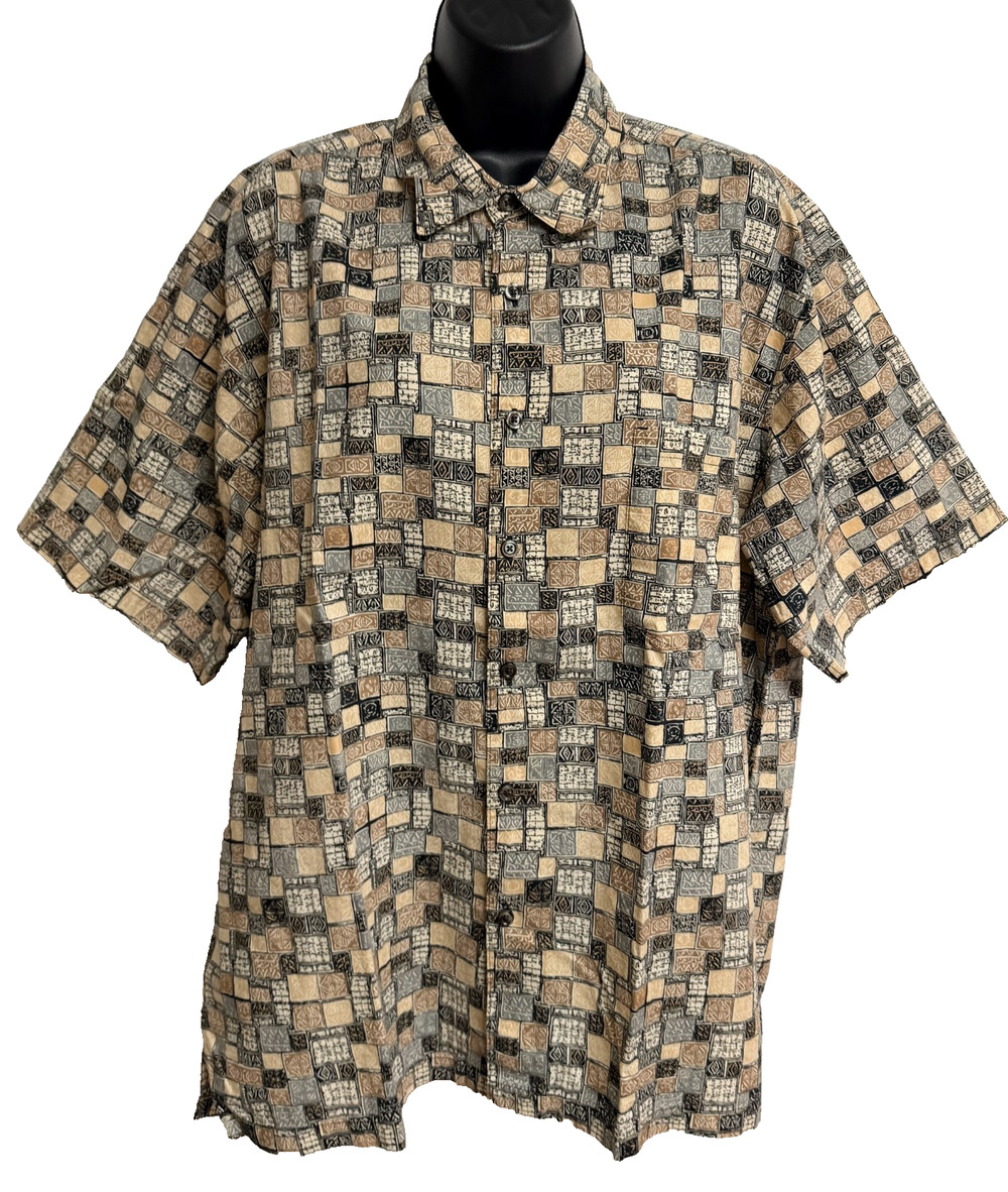 Cooke Street Honolulu Aloha Shirt Men Large Gray Geometric Patchwork Hawaiian